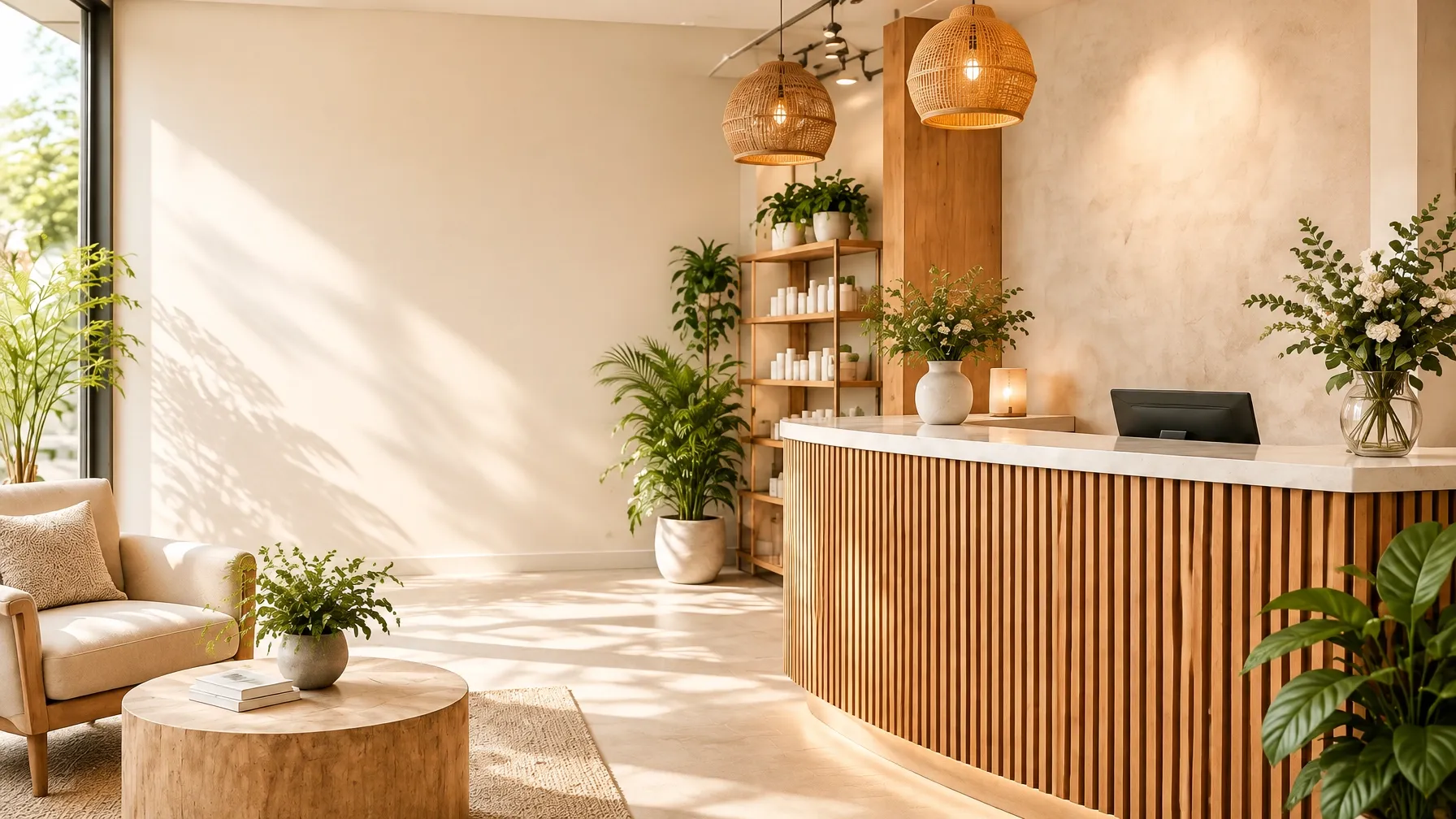 Sunlit spa reception with warm wood details, plants, and a welcoming lounge